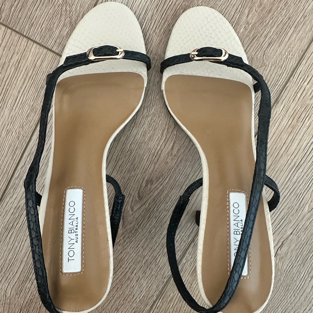 Tony Bianco Black and Cream Strappy Heels - Picture 2 of 4